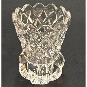 VTG Clear Pressed Glass Toothpick Holder Bud Vase Diamond Pattern Sawtooth Rim